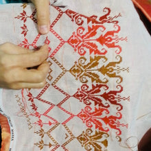 Load image into Gallery viewer, Sustainable production mindful and slow living hand embroidered by palestinian refugees living in jordan social impact and responsible living made in france dmc pearle cotton balls and made in germany material for cross stich embroidery of flower motifs from jaffa yafa
