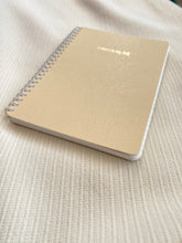 Load image into Gallery viewer, made in jordan with italian high quality paper assembled and printed in jordan by local artisans journal meditative writing journaling morning ritual notebook calendar 2021 2022 lined paper gold shimmer letters to my self A5 size mindful lifestyle slow living