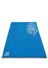 Load image into Gallery viewer, Sustainable hand tailored empowering and supporting small businesses and artisans for social impact and economic support. Local artisans are invovled every step of the way with this linen cotton fabric and silver embroidered with arabic calligraphy trimming inspired by healing mantras and chants of bija and chakra notes. Meditation, prayer and serenity mats or rugs. padded with local sourcing and suppliers. Sounds of Healing serenity mat by A&#39;myn,
