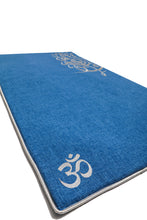 Load image into Gallery viewer, Sustainable hand tailored empowering and supporting small businesses and artisans for social impact and economic support. Local artisans are invovled every step of the way with this linen cotton fabric and silver embroidered with arabic calligraphy trimming inspired by healing mantras and chants of bija and chakra notes. Meditation, prayer and serenity mats or rugs. padded with local sourcing and suppliers. Sounds of Healing serenity mat by A'myn,