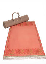 Load image into Gallery viewer, beautiful meditation and prayer mats known as serenity mats by A'myn set to be elegant different unique embroidered by hand in Jordan by Palestinian refugees with jaffa yafa flower motifs hand tailored bags oblong fits yoga mats too. Luxury collection artisanal limited pieces