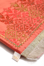 Load image into Gallery viewer, hand embroidered serenity meditation prayer mat luxury unique elegant hand made by refugees sustainable italian trim gold orange flower motifs yafa jaffa palestinian heritage culture raw silk french dmc pearl cotton balls linen trimming
