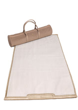 Load image into Gallery viewer, Sustainable hand tailored empowering and supporting small businesses and artisans for social impact and economic support. Local artisans are invovled every step of the way with this linen cotton fabric and gold embroidered trimming inspired by arabian culture and arab social status implying power and wealth. Meditation, prayer and serenity mats or rugs. padded with local sourcing and suppliers. Bishtu serenity mat by A'myn, Diamond quilted bag for mats