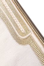 Load image into Gallery viewer, Sustainable hand tailored empowering and supporting small businesses and artisans for social impact and economic support. Local artisans are invovled every step of the way with this linen cotton fabric and gold embroidered trimming inspired by arabian culture and arab social status implying power and wealth. Meditation, prayer and serenity mats or rugs. padded with local sourcing and suppliers. Bishtu serenity mat by A'myn