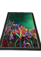 Load image into Gallery viewer, Artists self expression canvas inspired to convey the soul connection of mind body and soul. Empowering artists and artisans. Hand painted hints of gold scattered throughout the serenity mat. The artisanal redefinition of prayer and meditation mats. Life serenity mat by Fairuz Hamad. Nature flowers colors a garden of connection and consciousness