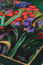 Load image into Gallery viewer, Artists self expression canvas inspired to convey the soul connection of mind body and soul. Empowering artists and artisans. Hand painted hints of gold scattered throughout the serenity mat. The artisanal redefinition of prayer and meditation mats. Life serenity mat by Fairuz Hamad. Nature flowers colors a garden of connection and consciousness